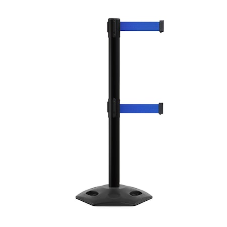Montour Line Stanchion Dual Belt Barr. Rubber Base Black Post 9ft.Blue Belt P400DHDRB-BK-BL-90